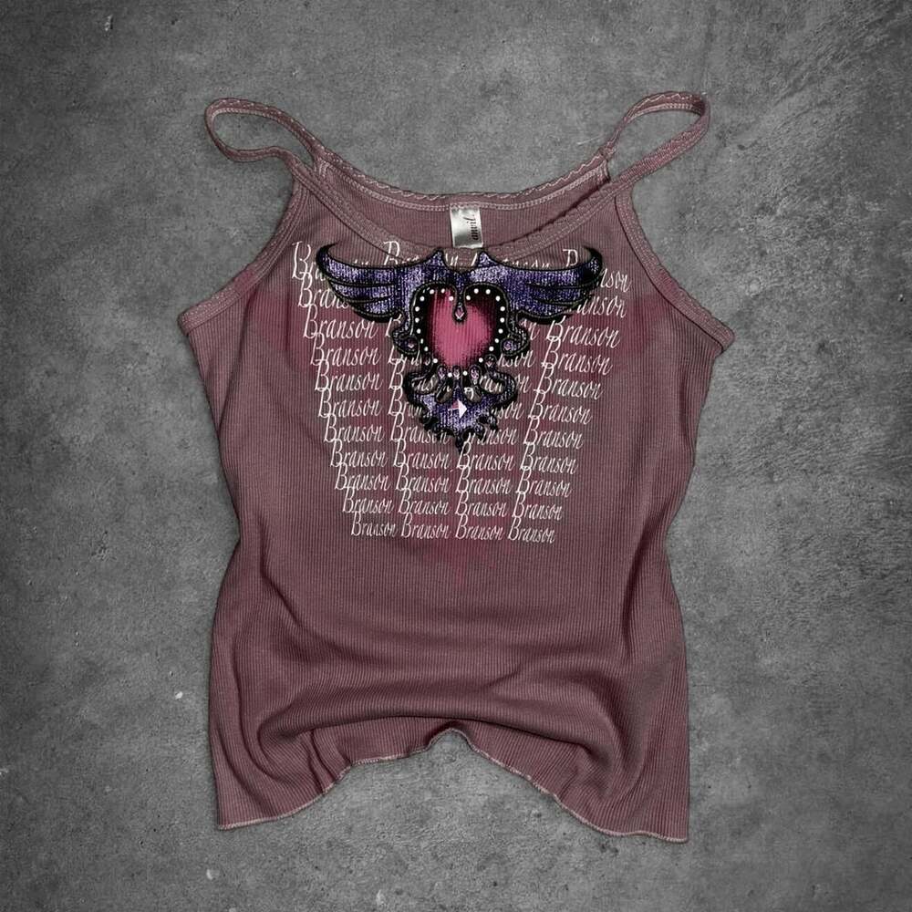 Y2k Authentic 90’s Anvil Branson Winged Heart & Ribbed Cami Tank Top Size Mediu